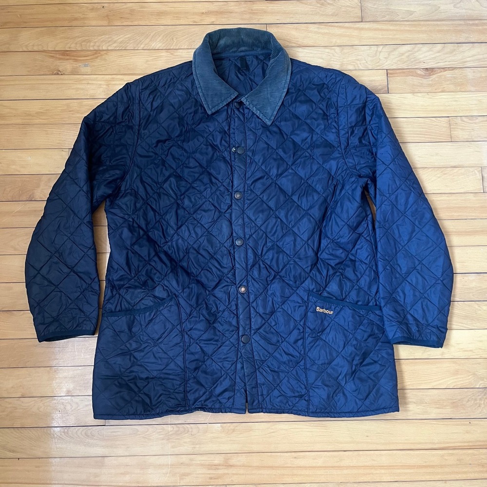 Barbour Navy Blue Diamond Quilted Jacket Corduroy Collar Mens L Liddesdale